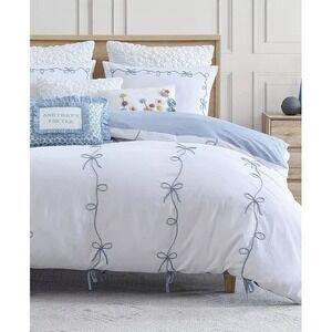 Peri Home Sasha Bows Twin Duvet Cover White Blue Embroidered Ribbon NWOT New